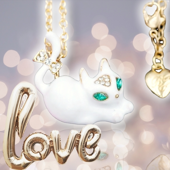 2 new gold plated black-and-white green crystal cat bow necklace/brooches - Picture 6 of 16